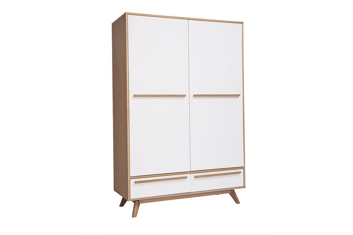 Armoire HELIA finition bois clair et blanc mat, vue de 3/4.