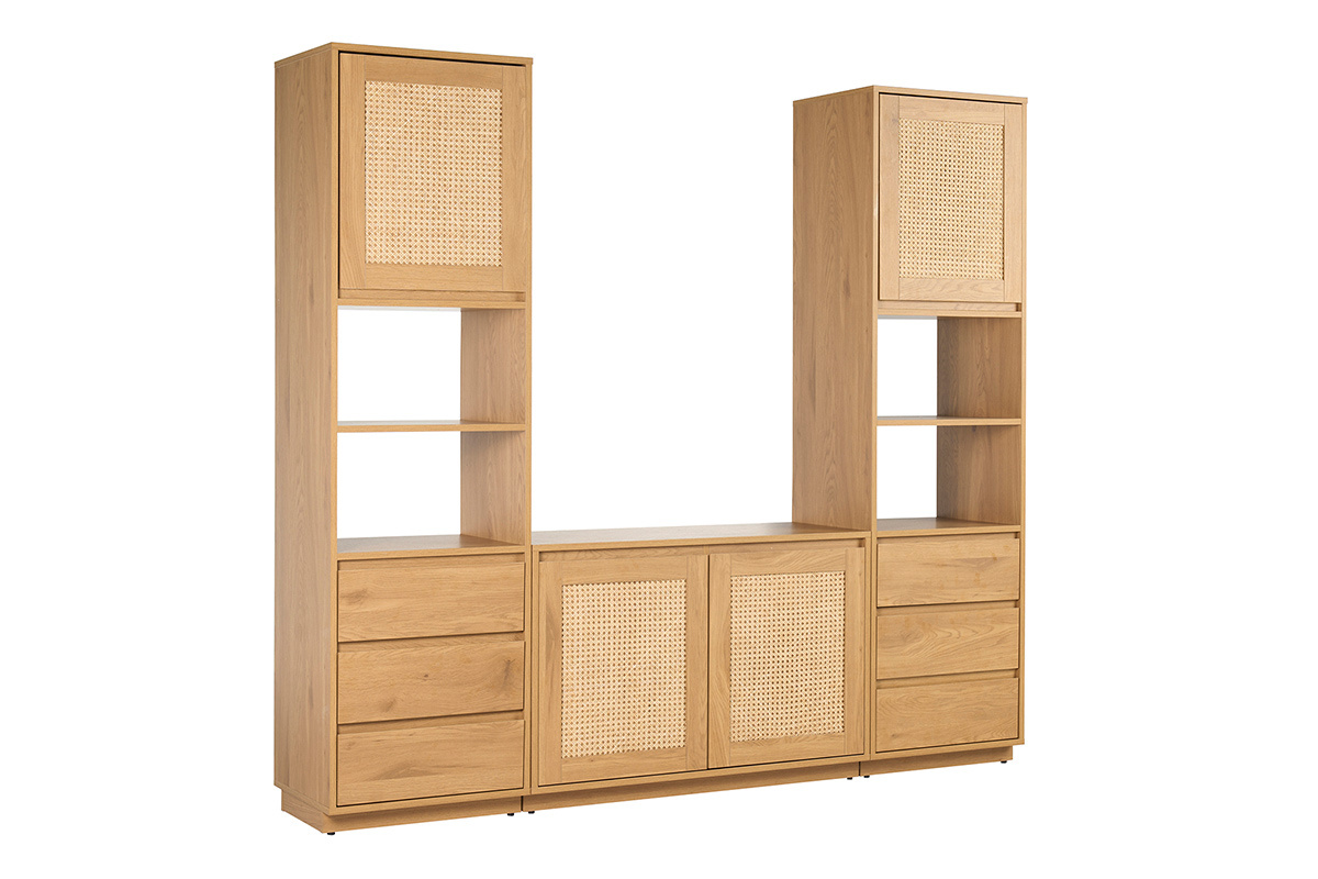 Biblioth�que modulable, bois clair et rotin, avec niches et tiroirs, vue de 3/4.