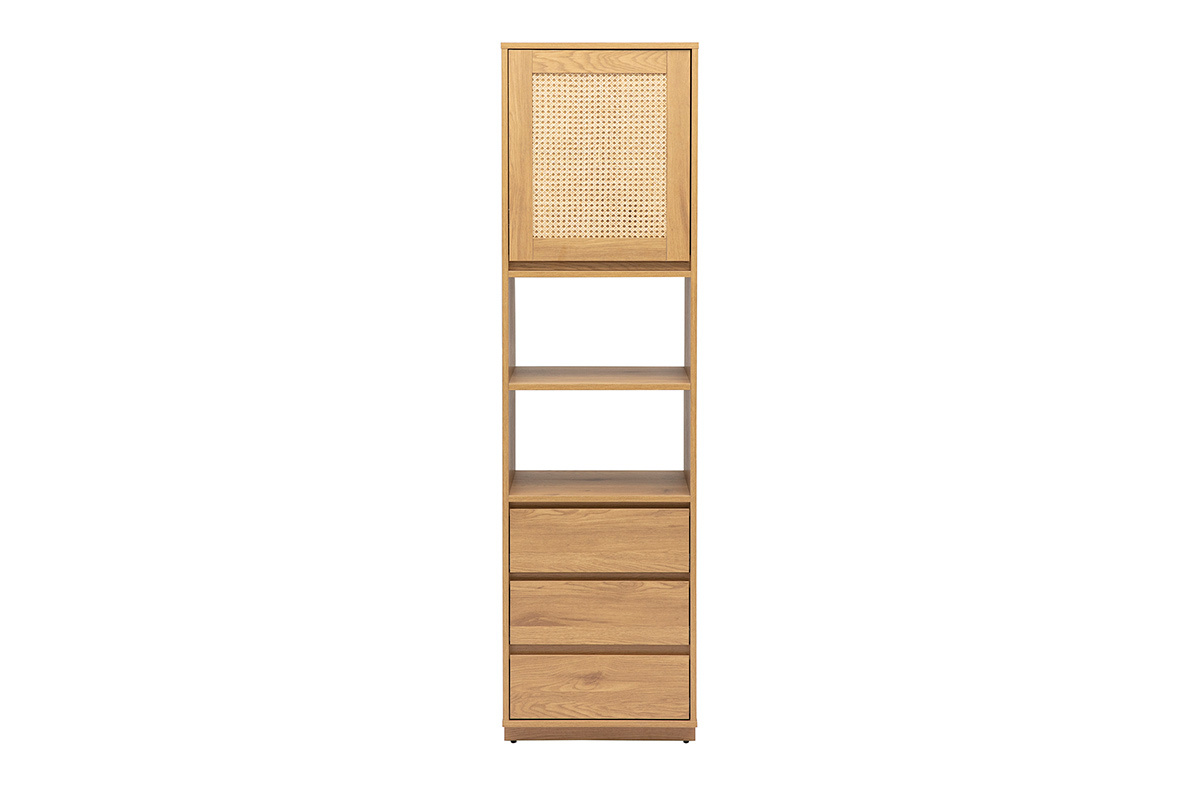 Biblioth�que SEVILLE en bois clair avec trois tiroirs et �tag�res, vue de face.