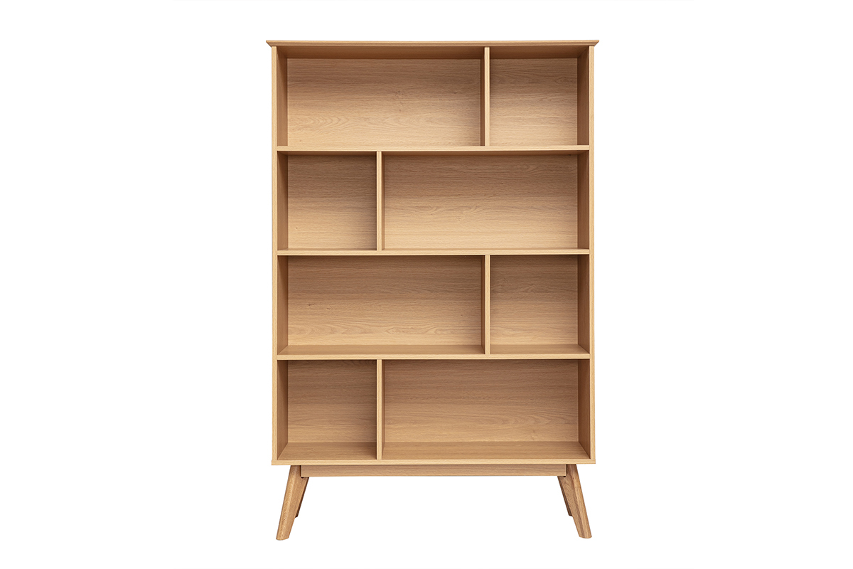 Biblioth�que scandinave en bois clair ch�ne avec 8 casiers, vue de face.