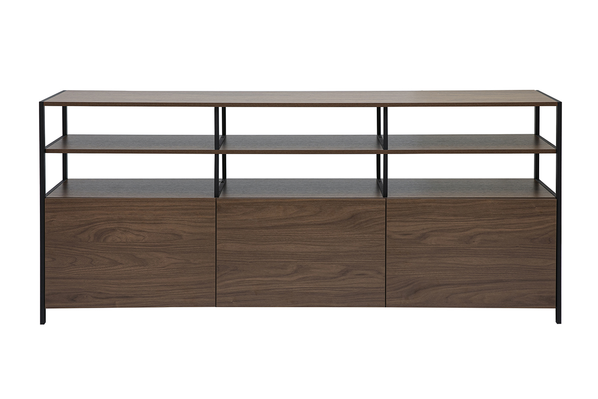 Buffet bas bois fonc� noyer et m�tal noir, vue de face, 3 compartiments, �tag�res ouvertes.