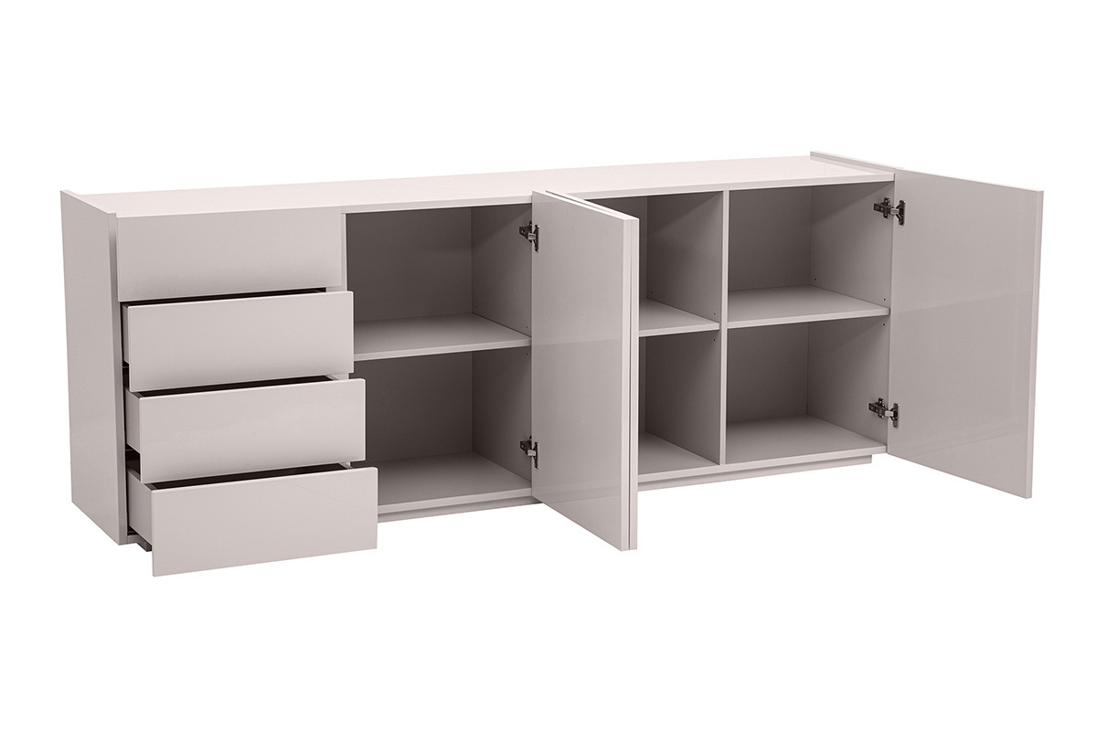Buffet beige laqu� brillant 3 portes 4 tiroirs L200 cm ISAURE