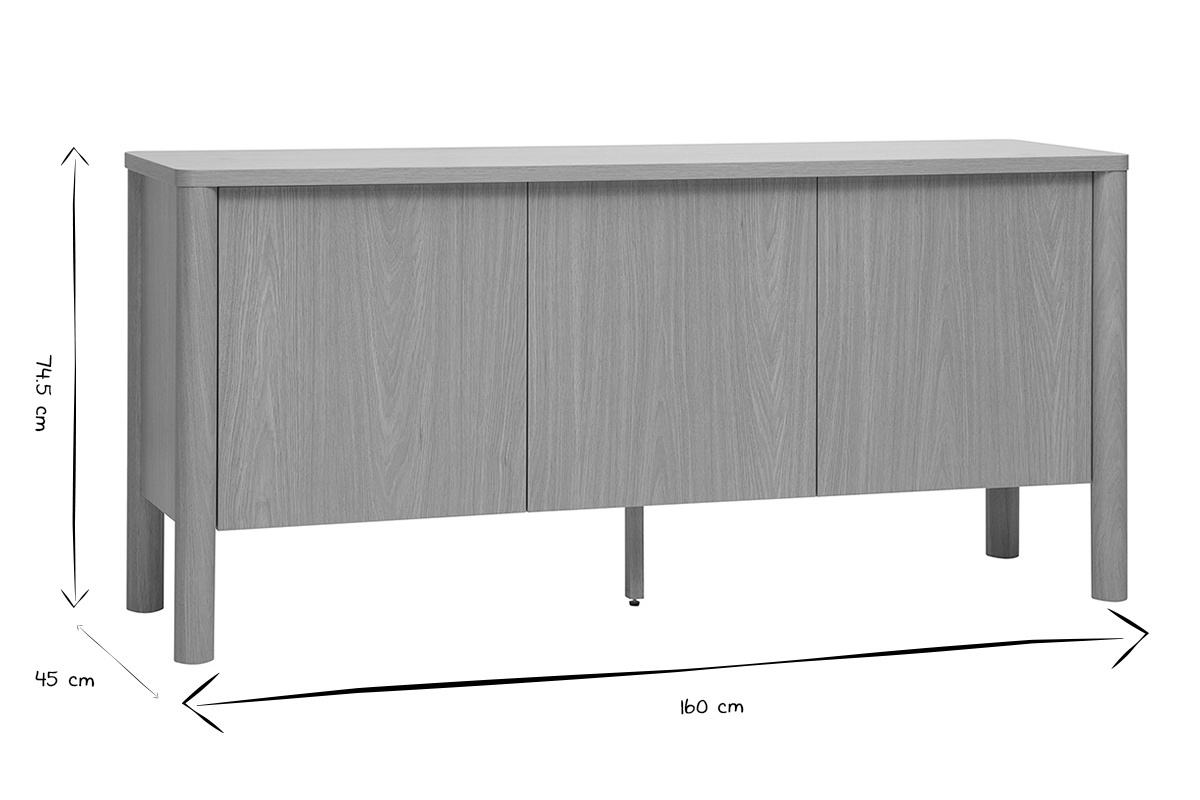 Dimensions du buffet IZZIE en noir et blanc : 160 cm de long, 45 cm de profondeur, 74,5 cm de hauteur.