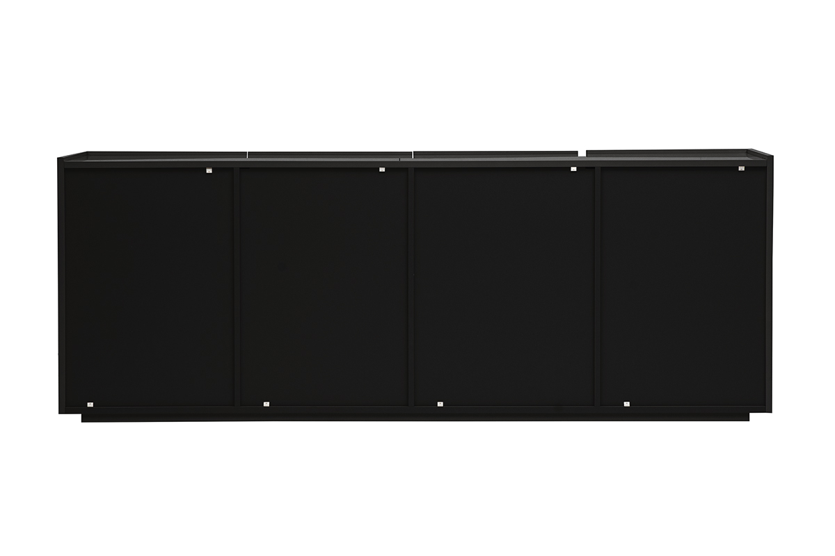 Buffet noir brillant 3 portes et 4 tiroirs, vue de dos, design moderne.
