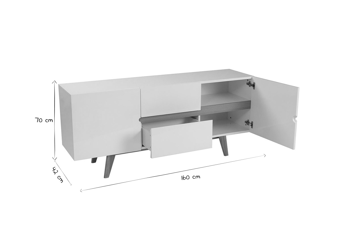 Buffet scandinave blanc laqu� brillant et finition bois clair 2 portes 2 tiroirs L160 cm MELKA