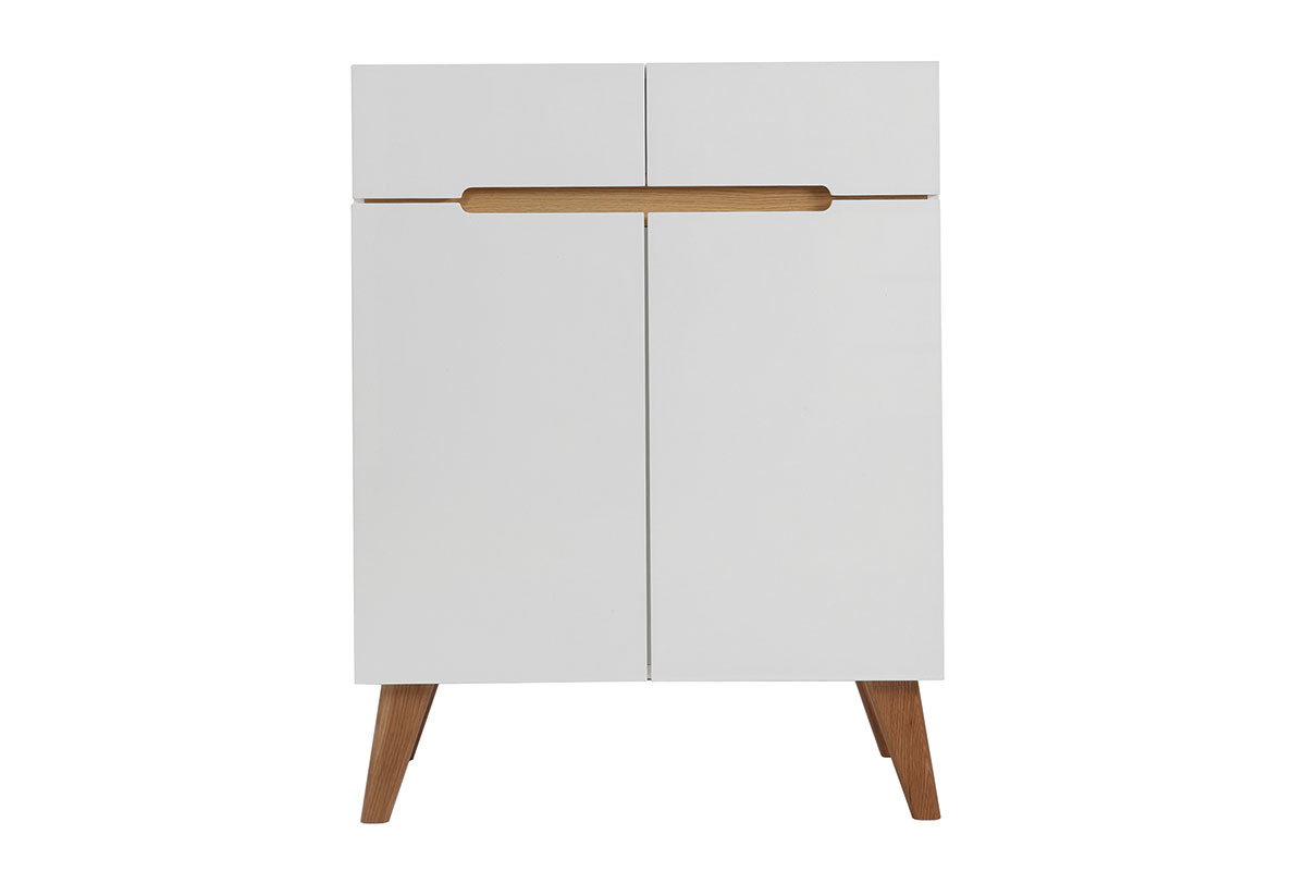 Buffet scandinave blanc laqu� brillant et finition bois clair 2 portes 2 tiroirs L80 cm MELKA