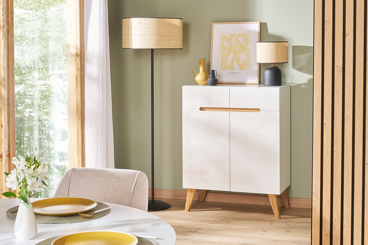Buffet scandinave blanc laqu� brillant et finition bois clair 2 portes 2 tiroirs L80 cm MELKA