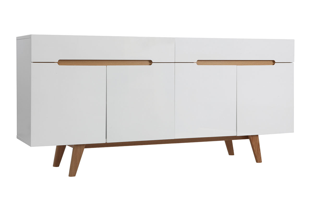 Buffet scandinave blanc laqu� brillant et finition bois clair 4 portes 2 tiroirs L180 cm MELKA