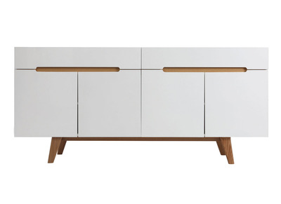 Buffet scandinave blanc laqu&eacute; brillant et finition bois clair 4 portes 2 tiroirs L180 cm MELKA