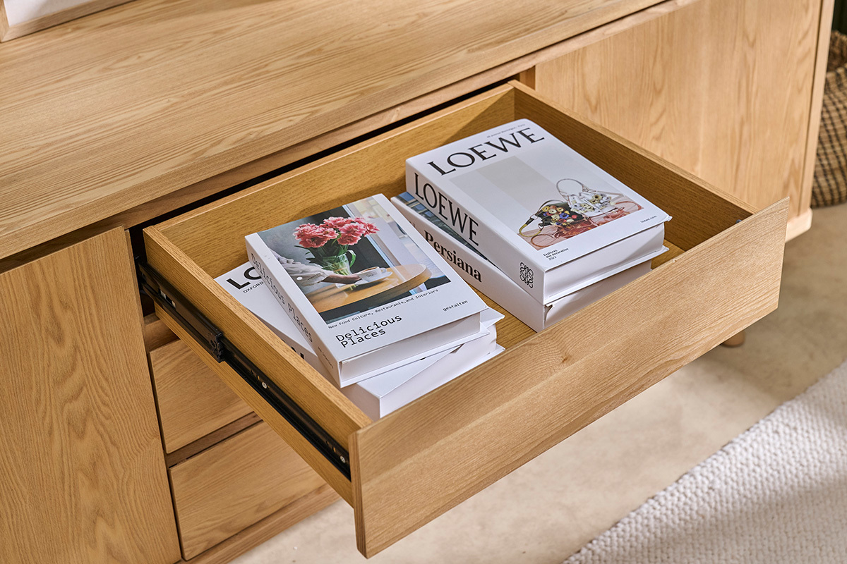 Buffet scandinave en bois clair fr�ne 2 portes 3 tiroirs L180 cm FIFTIES