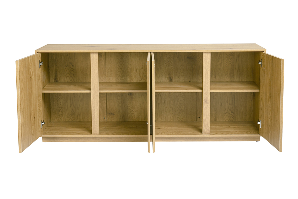 Buffet scandinave finition bois ch�ne 4 portes, ouvert, vue de face, int�rieur avec �tag�res.