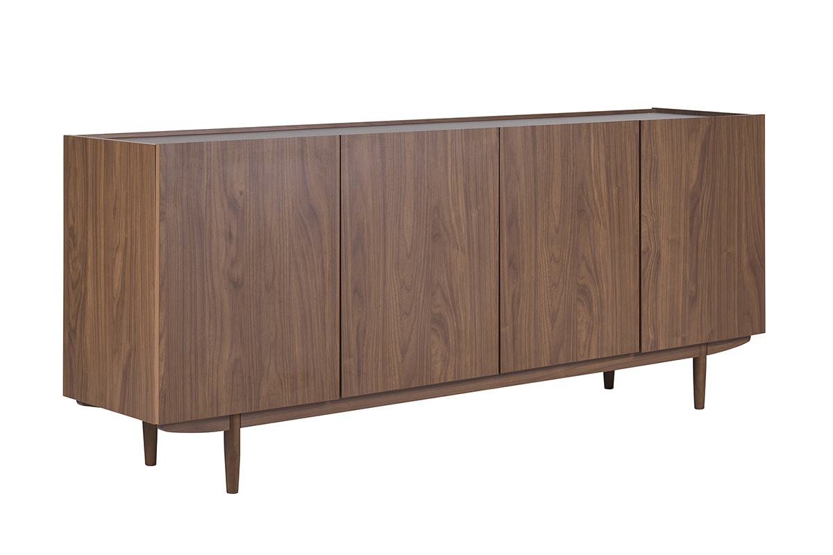 Buffet vintage brun fonc� noyer, 4 portes, pieds fins, vue en trois-quarts.