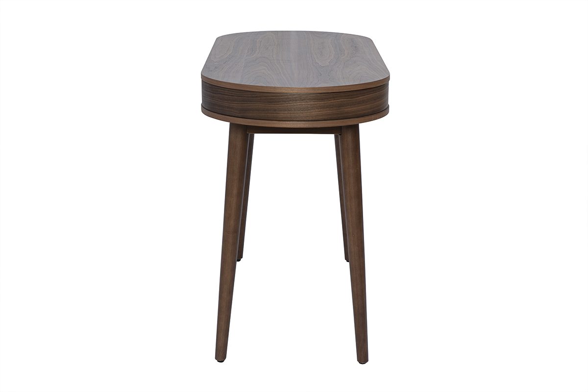 Bureau en bois fonc� avec tiroir, vue de profil, pieds fusel�s.