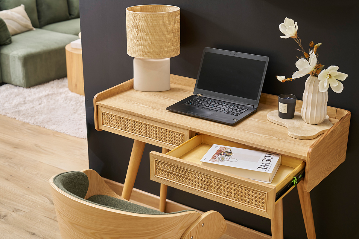Bureau design avec rangements 2 tiroirs bois clair et cannage rotin L105 cm ELSY