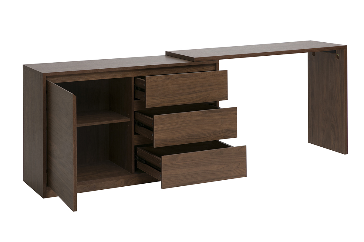 Bureau modulable en bois fonc� noyer avec extension et rangements ouverts, vue de trois quarts.