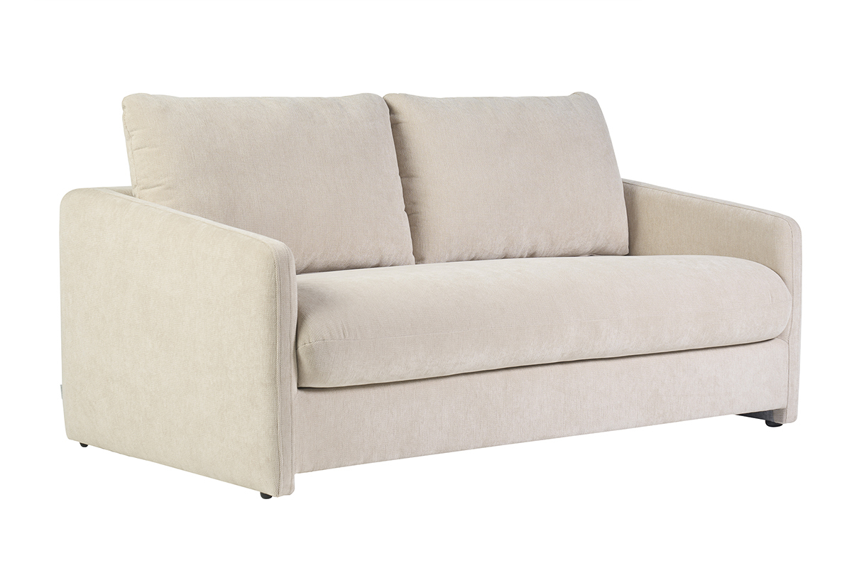 Canap� 2 places en tissu effet velours textur� beige, vue de trois-quarts