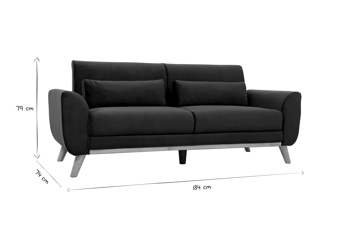 Canap� 3 places en tissu bleu fonc� et bois fonc� EKTOR