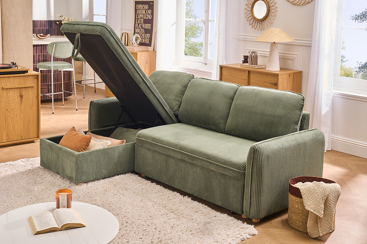 Canap� d'angle convertible r�versible avec coffre 3 places en tissu velours c�tel� vert kaki et bois clair ORSO