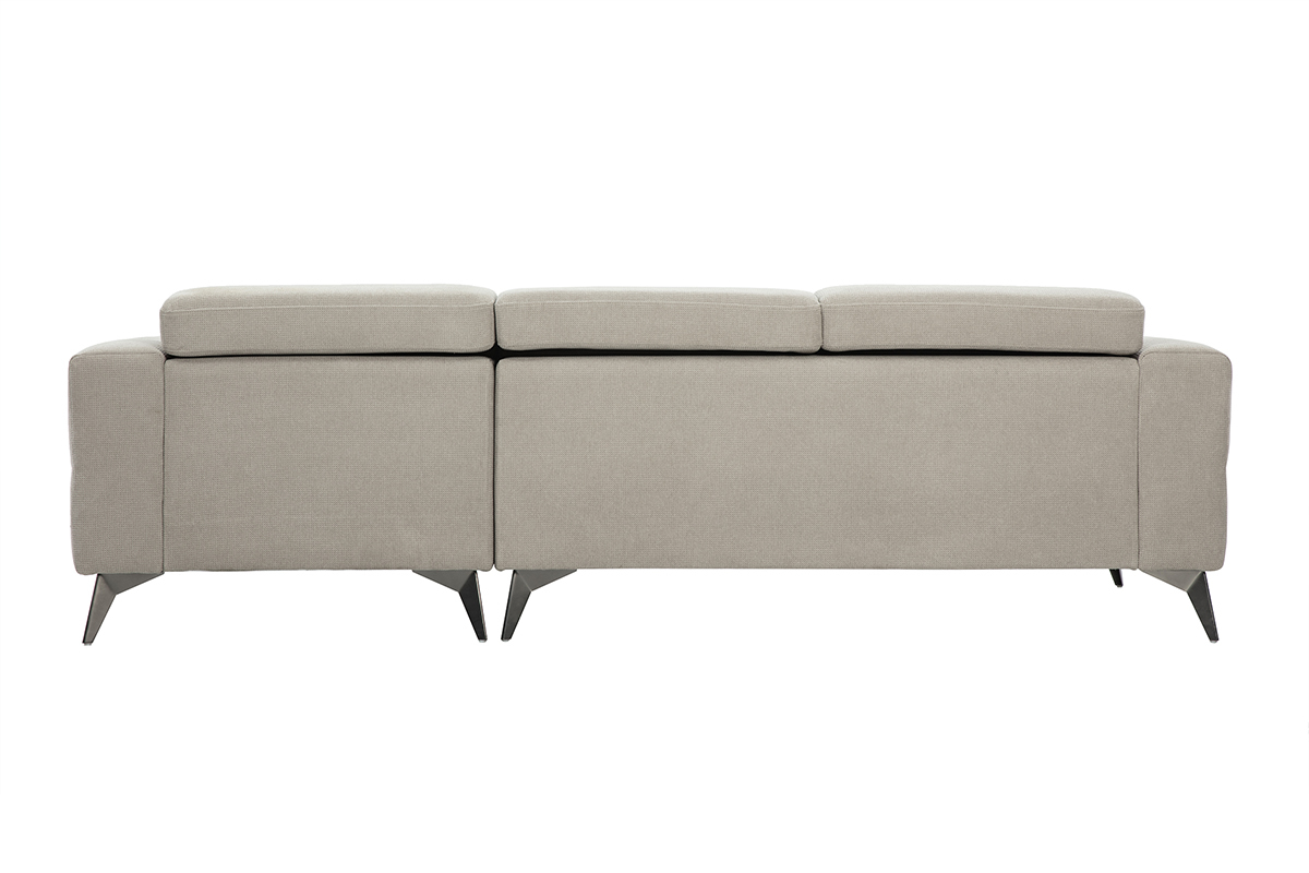 Canap� d'angle droit beige avec t�ti�res ajustables, vue arri�re, pieds en m�tal.