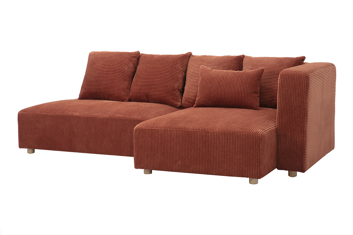 Canap� d'angle droit 3 places en tissu velours c�tel� terracotta et bois clair HARLEM