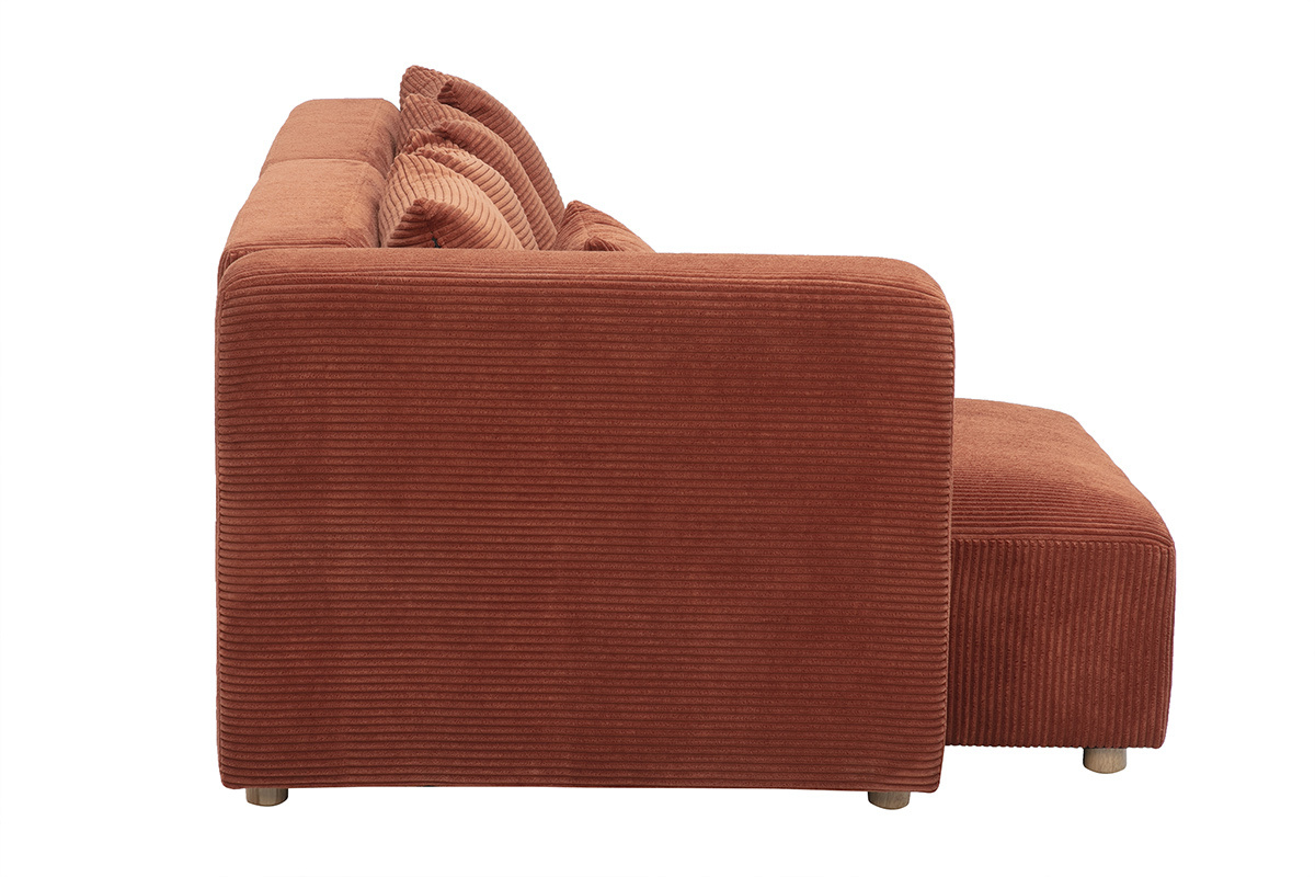 Canap� d'angle droit 3 places en tissu velours c�tel� terracotta et bois clair HARLEM