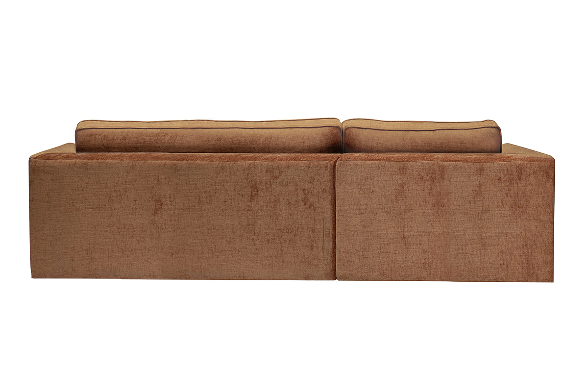 Canap� d'angle droit 3 places en tissu velours textur� terre br�l�e, vue arri�re.