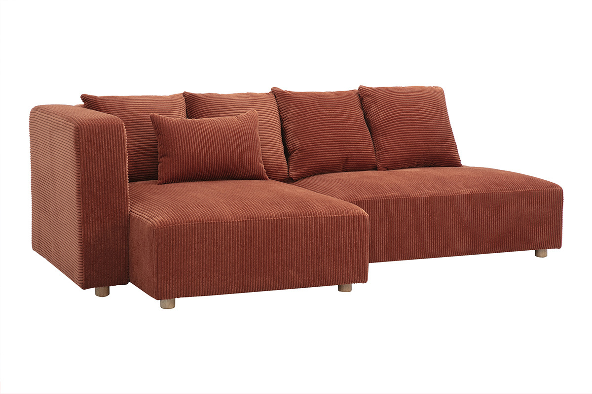 Canap� d'angle gauche 3 places en tissu velours c�tel� terracotta et bois clair HARLEM