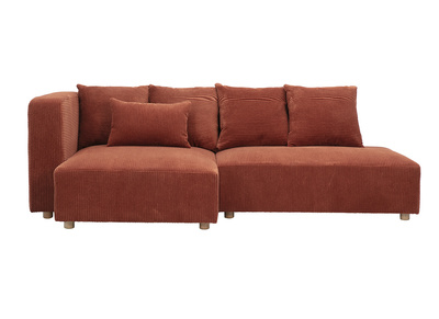 Canap&eacute; d'angle gauche 3 places en tissu velours c&ocirc;tel&eacute; terracotta et bois clair HARLEM