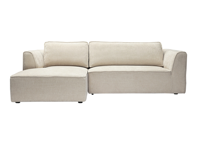 Canap&eacute; d'angle gauche design en tissu effet velours textur&eacute; beige 3 places GRAMMY