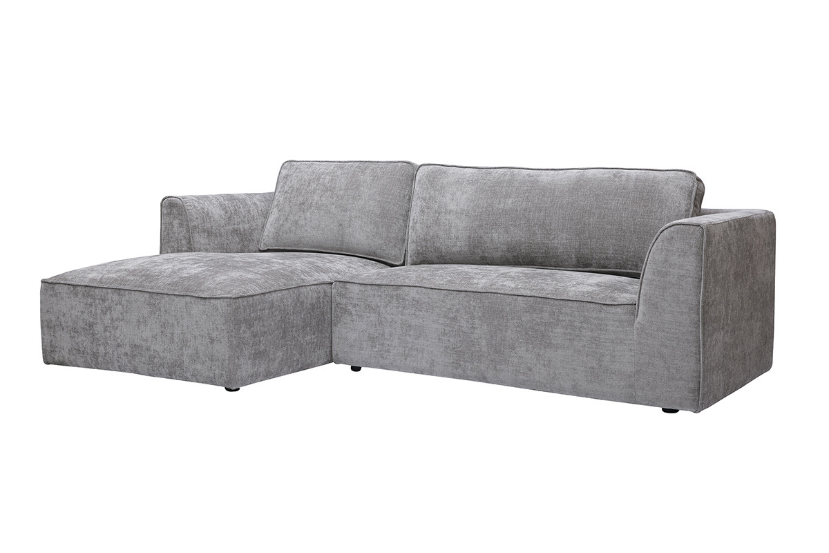 Canap� d'angle gauche gris en tissu effet velours textur�, vue de 3/4.