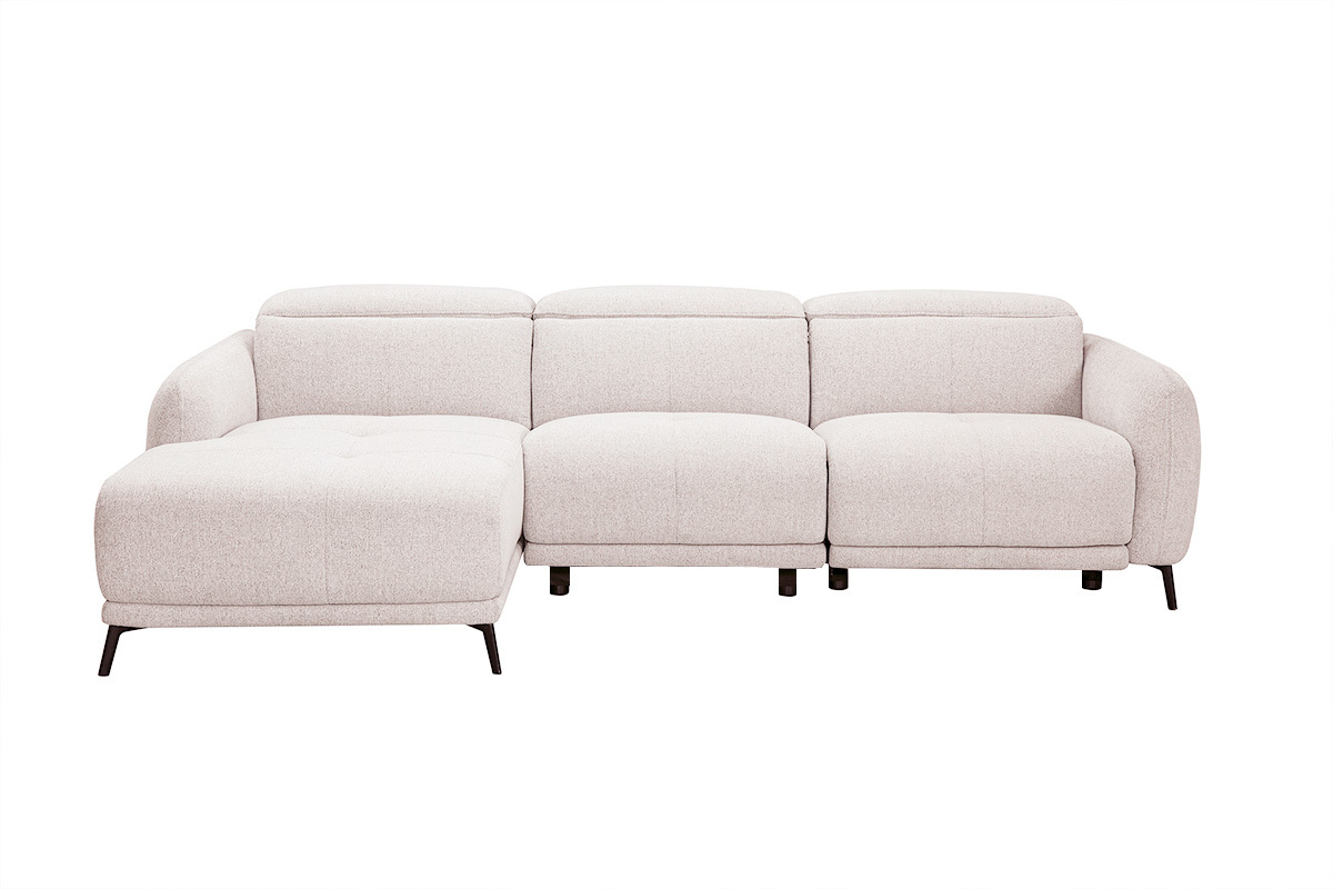 Canap� d'angle gauche �lectrique beige, 3-4 places, avec t�ti�res ajustables, vue de face.