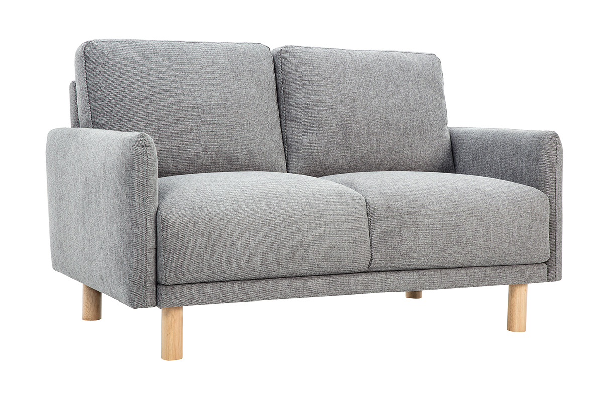 Canap� 2 places en tissu gris et bois clair, vue de trois quarts.