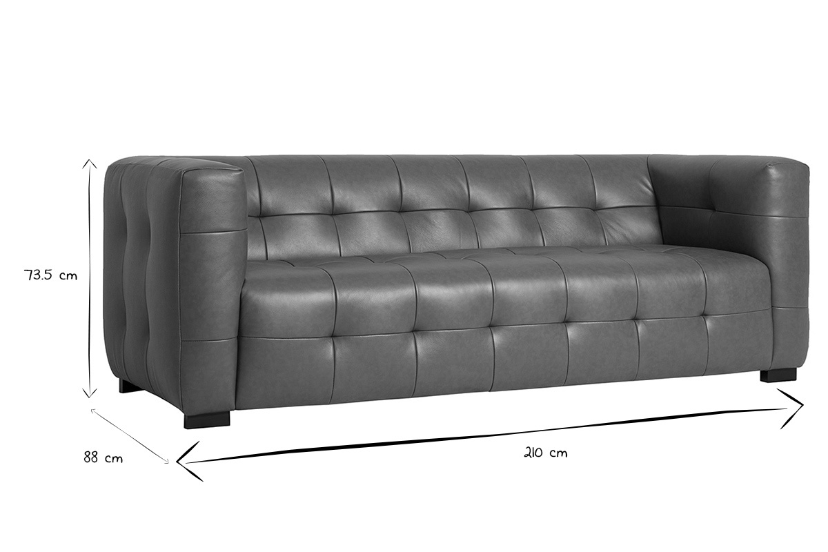 Canap� 3 places en cuir avec dimensions L210 x P88 x H73.5 cm, en noir et blanc.
