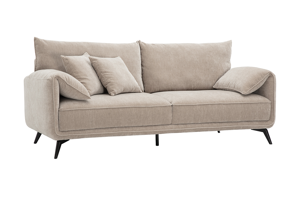 Canap� 3 places en tissu effet velours taupe avec pieds en m�tal noir, vue de 3/4.