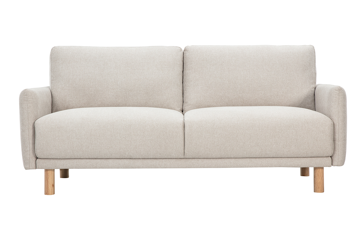 Canap� design 3 places beige effet velours et pieds en bois clair, vue de face.