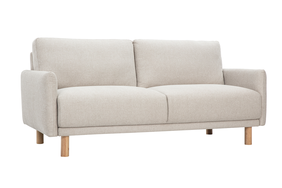 Canap� beige 3 places en tissu effet velours et pieds en bois clair en vue de 3/4.
