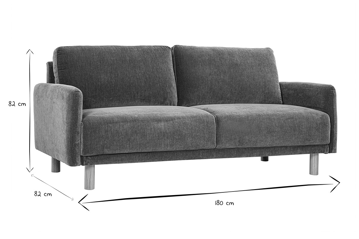 Canap� 3 places, tissu effet velours, dimensions 180x82x82 cm, vue de 3/4, noir et blanc.