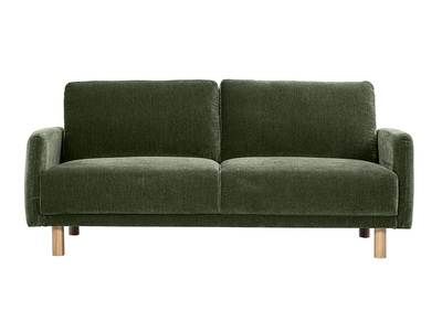 Canap&eacute; design 3 places en tissu effet velours vert kaki et bois clair BONO