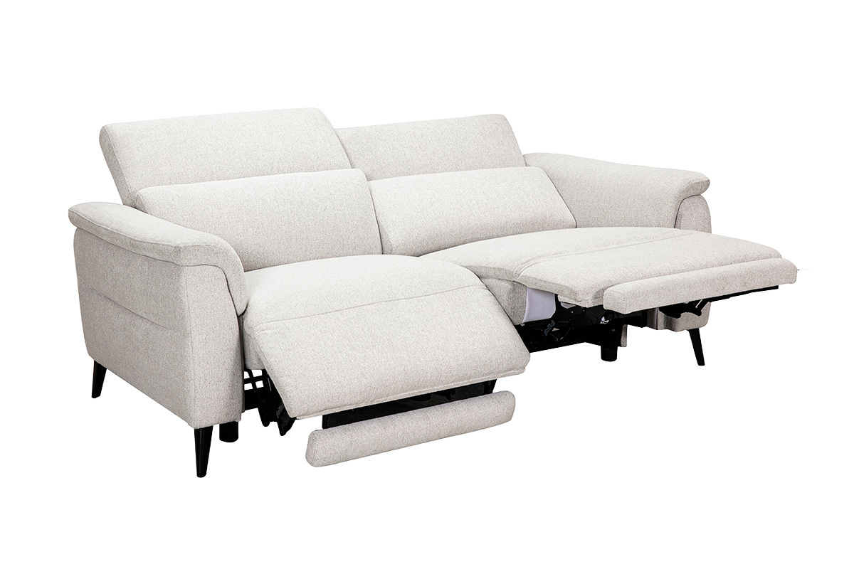 Canap� �lectrique 3 places VERBIER en tissu beige, t�ti�res ajustables et repose-pieds d�ploy�s