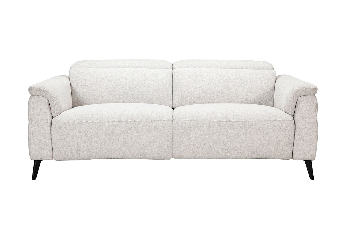 Canap� �lectrique 3 places beige avec t�ti�res ajustables et repose-pieds, vue de face.