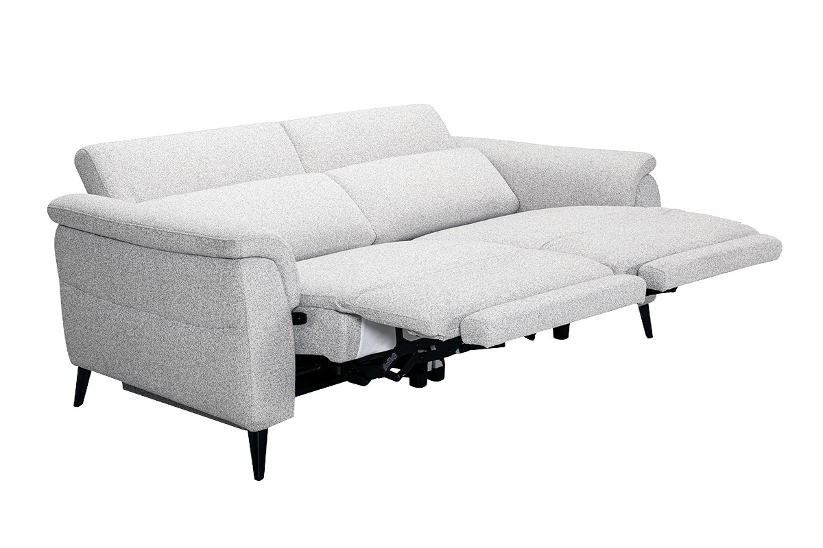 Canap� �lectrique 3 places gris clair avec t�ti�res ajustables et repose-pieds, angle 3/4