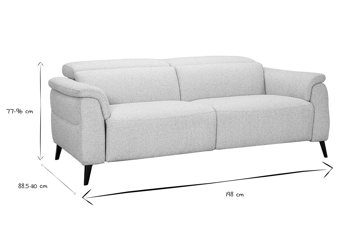 Dimensions du canap� �lectrique 3 places VERBIER en noir et blanc, hauteur 77-96 cm, profondeur 88,5-110 cm, largeur 198 cm.