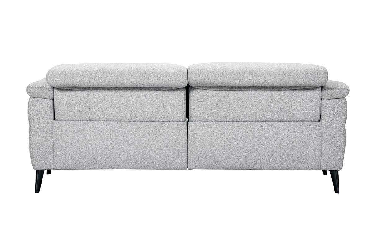 Vue de dos d'un canap� �lectrique 3 places en tissu effet velours textur� gris clair avec t�ti�res ajustables.