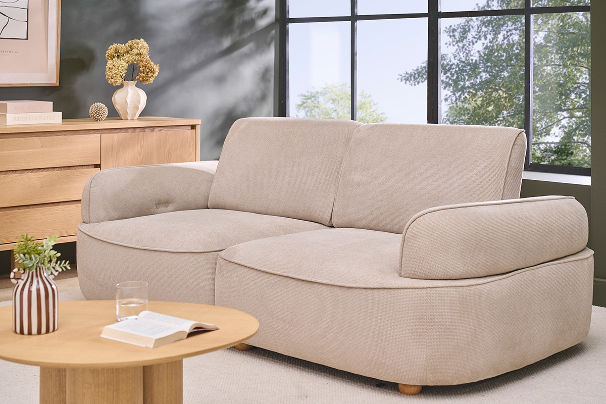 Canap� �lectrique 3 places dossier avance-recule en tissu chenille gris et bois clair OTIS