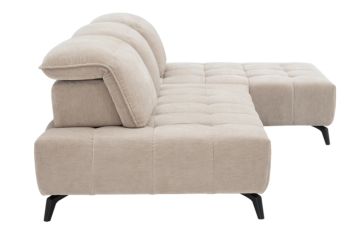 Canap� modulable 4 places taupe en tissu effet velours, vue de c�t�, pieds en m�tal noir.