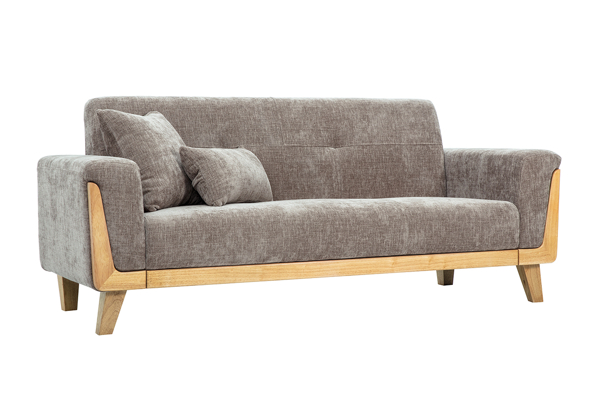 Canap� scandinave 3 places taupe en tissu velours textur� et bois clair, vue de 3/4.