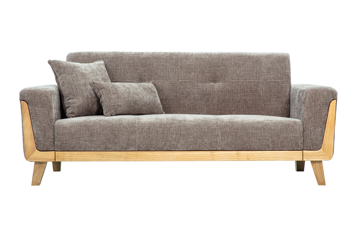 Canap� scandinave 3 places, tissu taupe, bois clair, vue de face avec deux coussins.