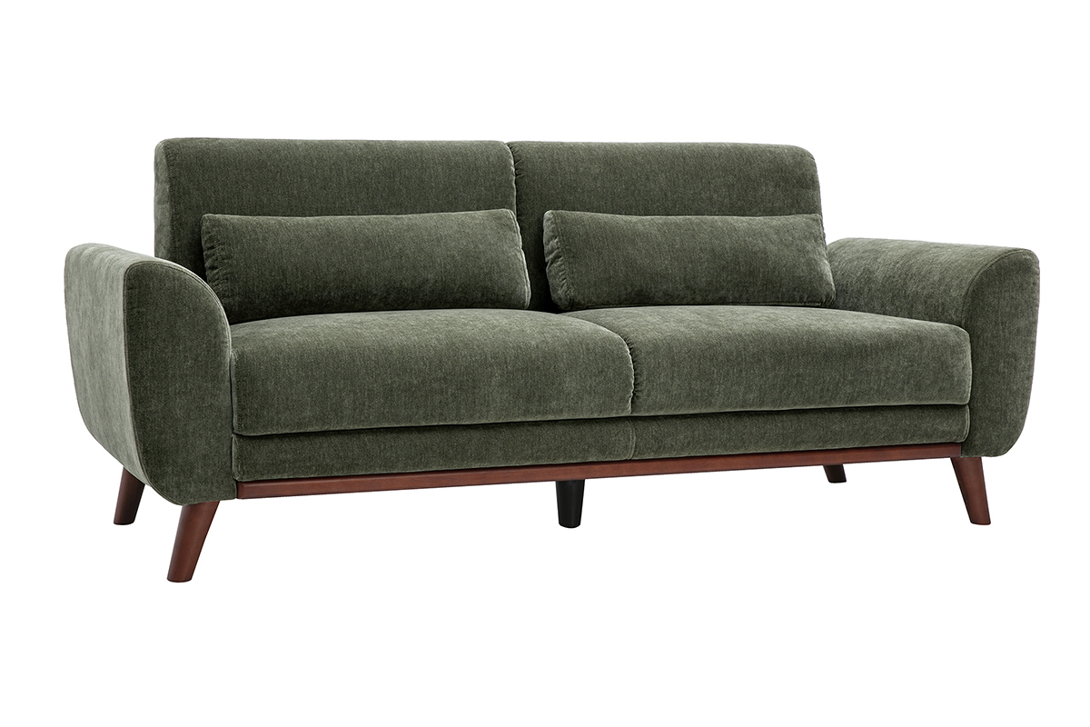 Canap� scandinave 3 places en tissu effet velours vert kaki, vue de 3/4