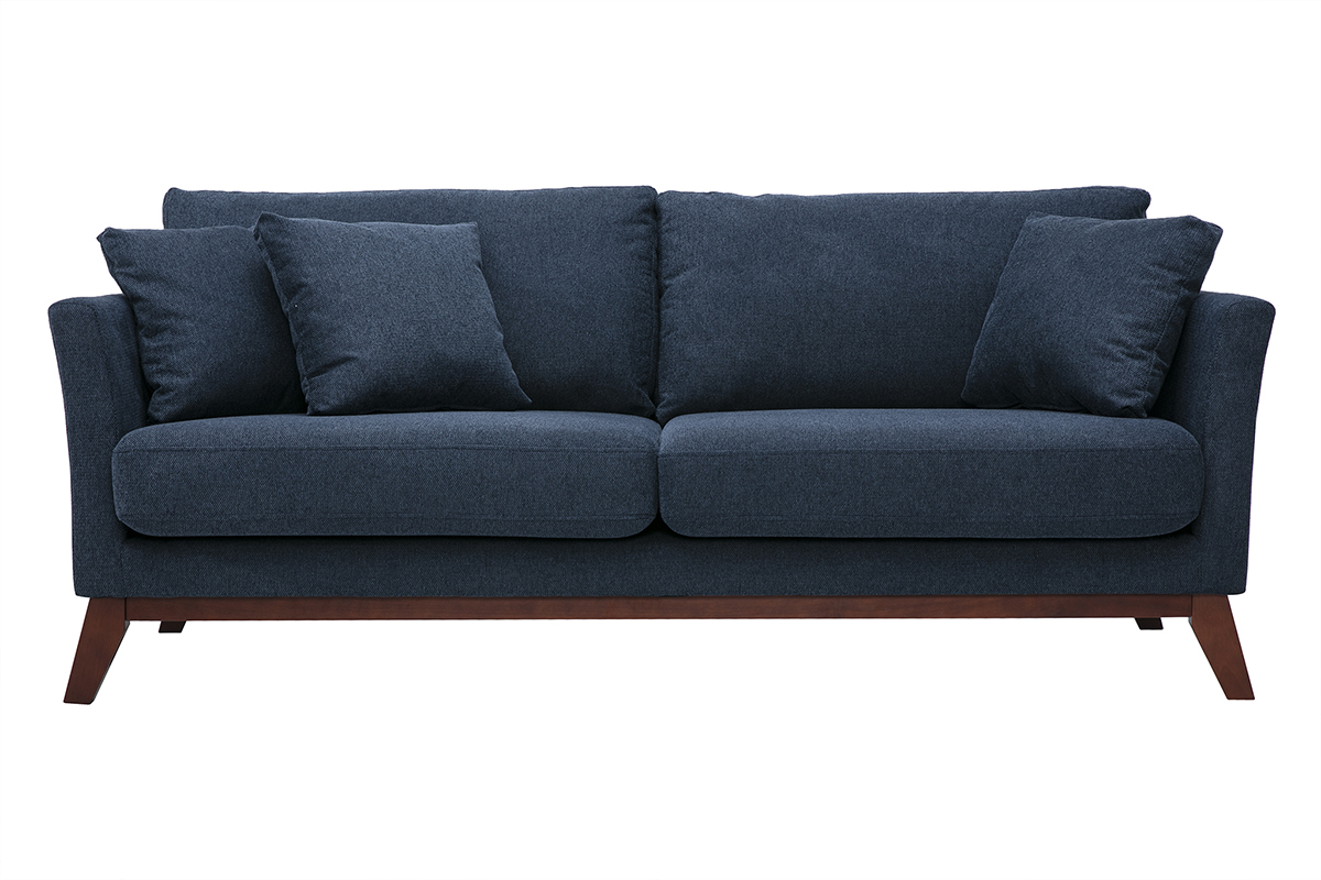 Canap� scandinave d�houssable 3 places en tissu effet velours textur� bleu fonc�, vue de face.