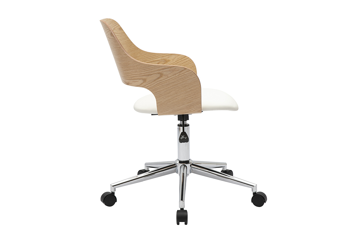 Chaise de bureau � roulettes design blanc et bois ch�ne, vue de profil
